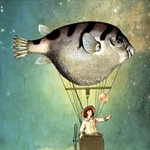 12x16 Fantasy Surrealism Flying Fish Hot Air Balloon Unframed Canvas Art Print - Picture 2 of 3
